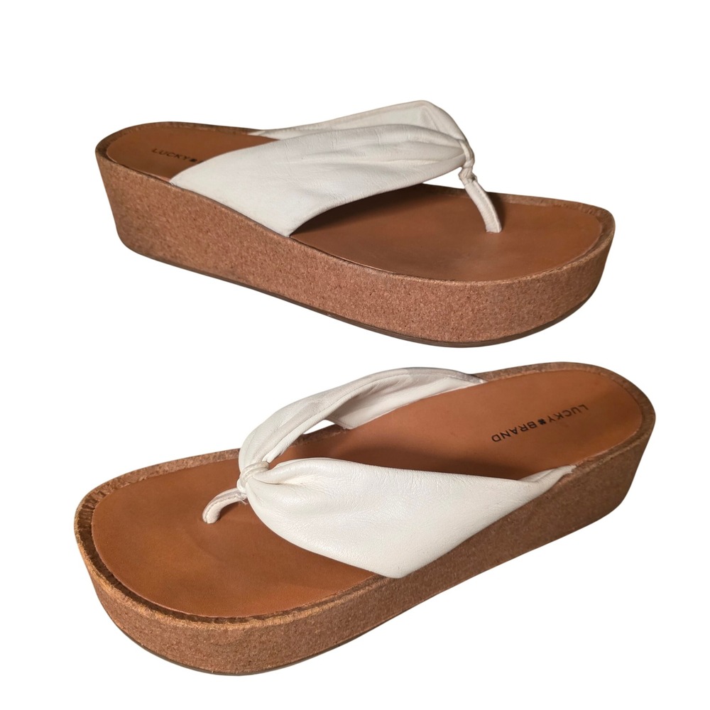 Lucky Brand Lellina White Leather Platform Thong Sandals Womens 10M LK-LELLINA